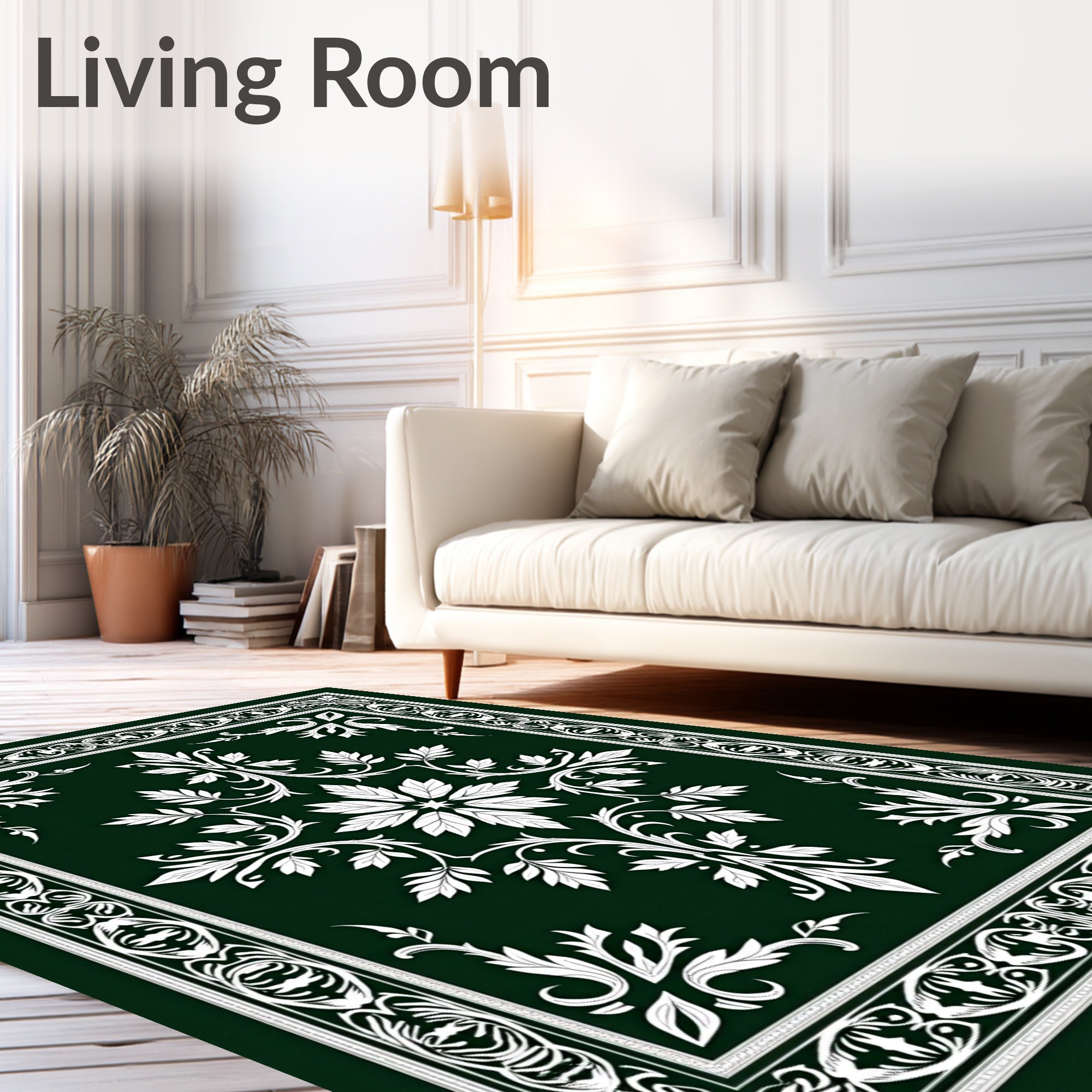 Emerald Green White Botanical Medallion Frame Rug