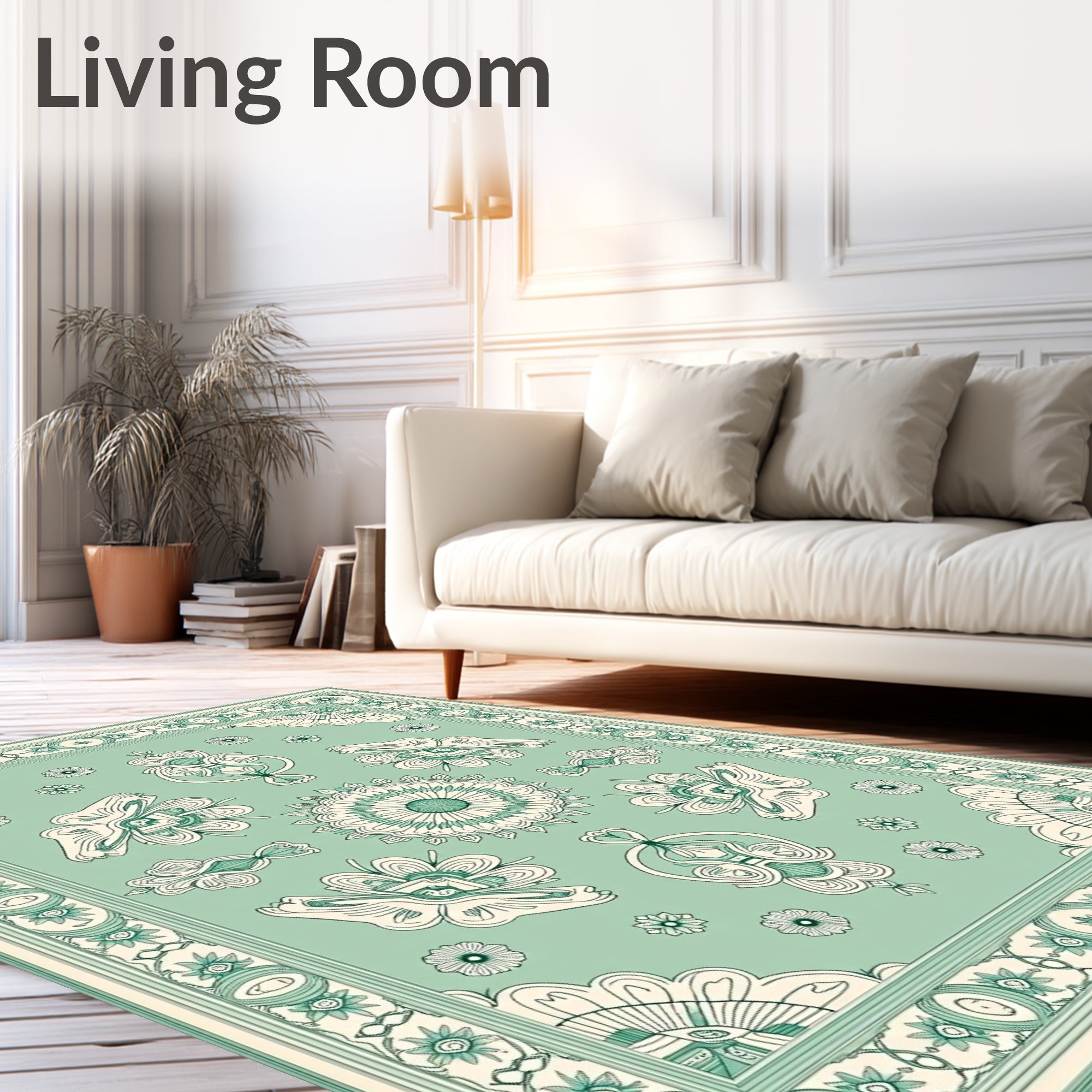 Mint Green Floral Medallion Border Rug