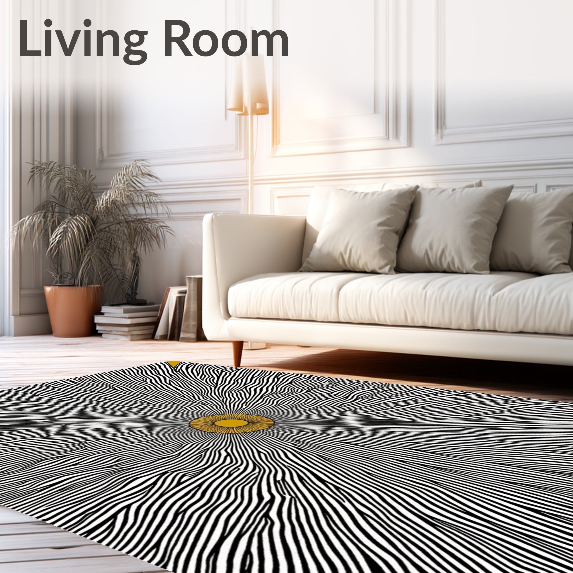 Abstract Gold Sunburst Black White Lines Rug