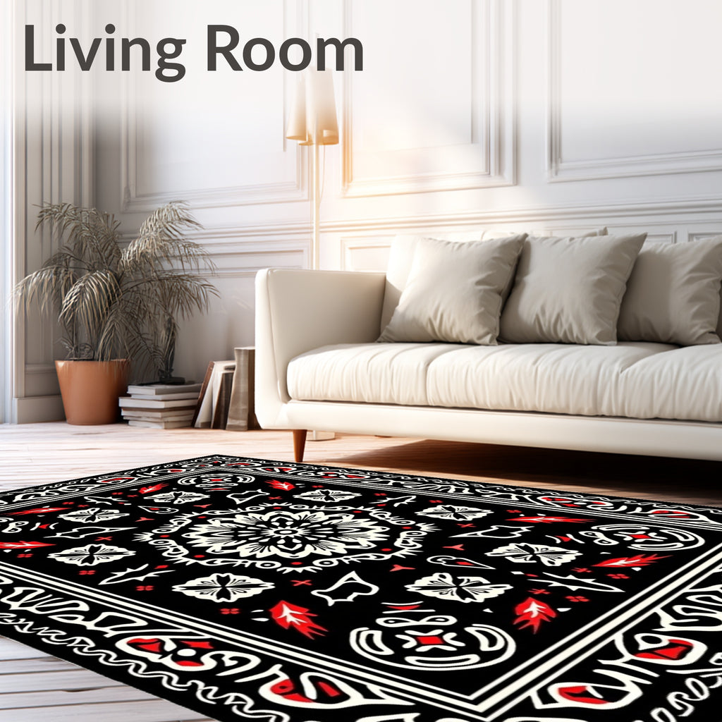 Black Red White Floral Medallion Symmetry Rug
