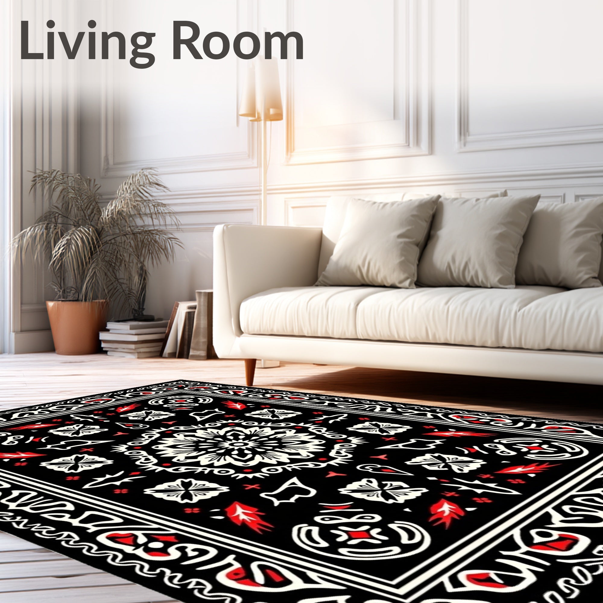 Black Red White Floral Medallion Symmetry Rug