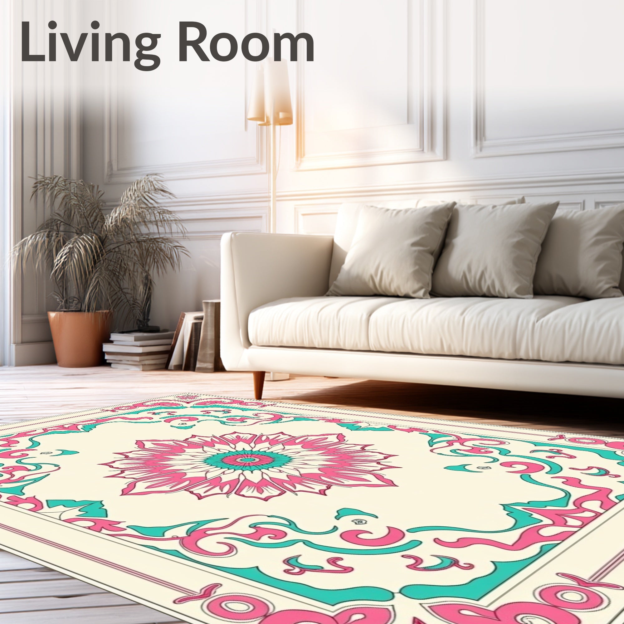 Pink Teal Floral Medallion Border Rug