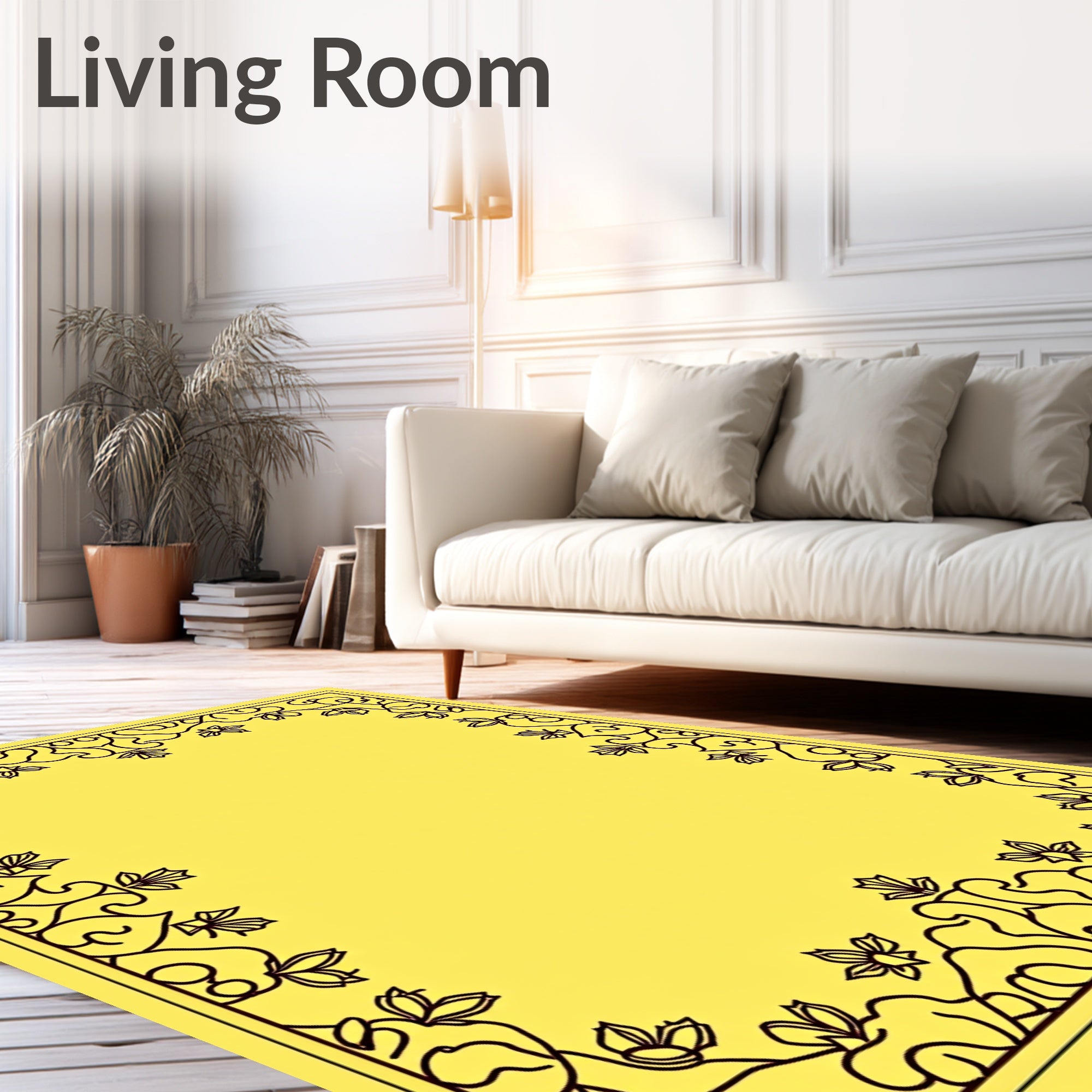 Golden Yellow Floral Vine Border Rug