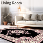 Black Pink Floral Medallion Border Rug