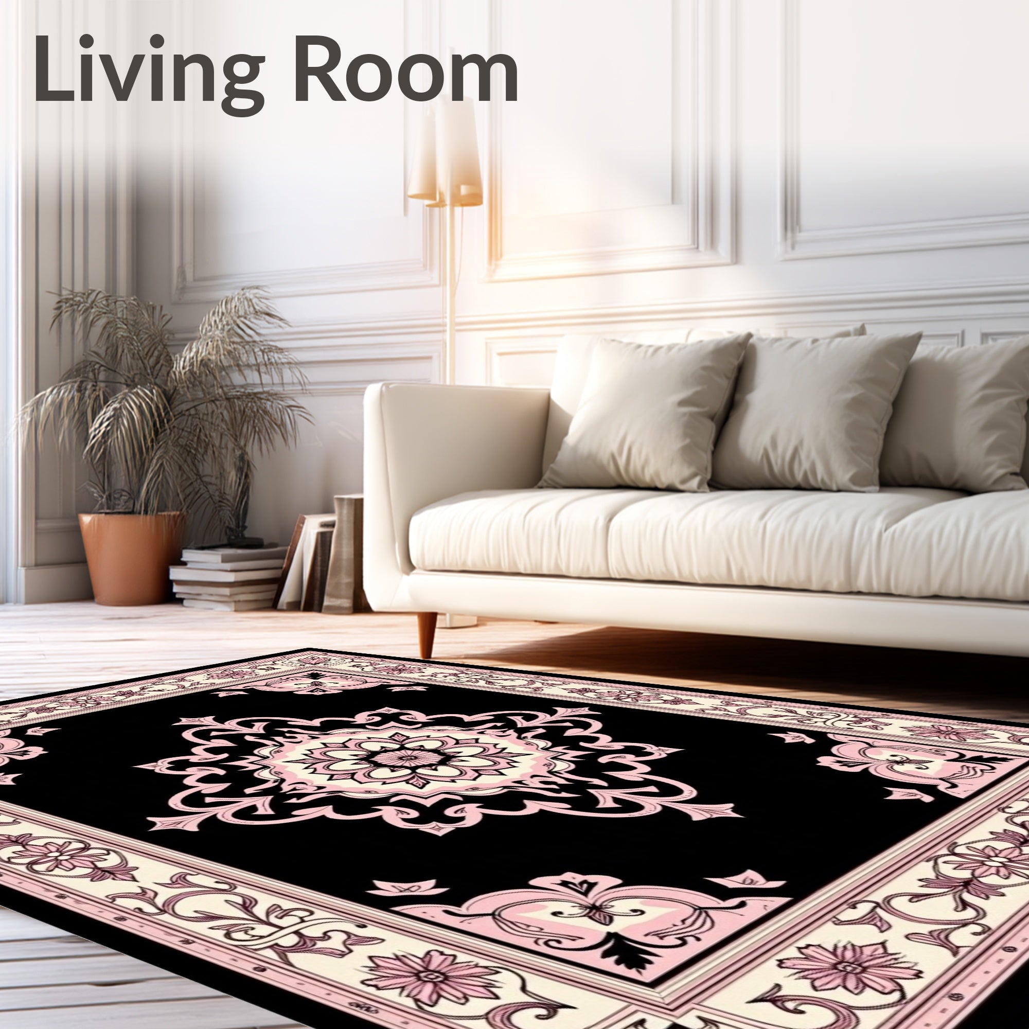Black Pink Floral Medallion Border Rug