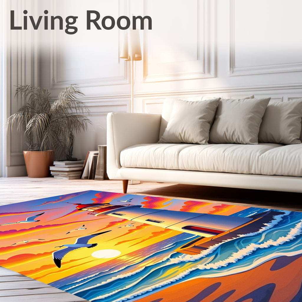 Vibrant Seagulls Sunrise Coastal Lighthouse Rug