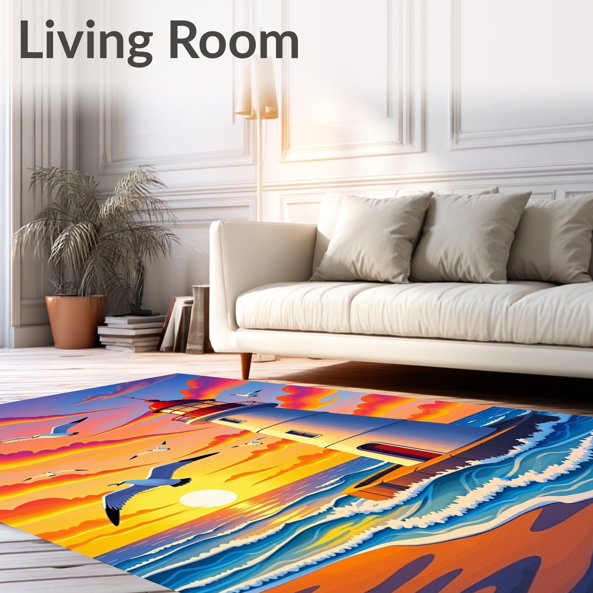 Vibrant Seagulls Sunrise Coastal Lighthouse Rug