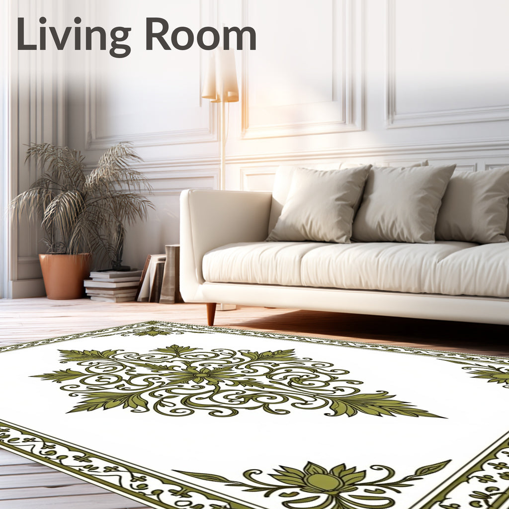 Olive Green Floral Medallion Border Rug