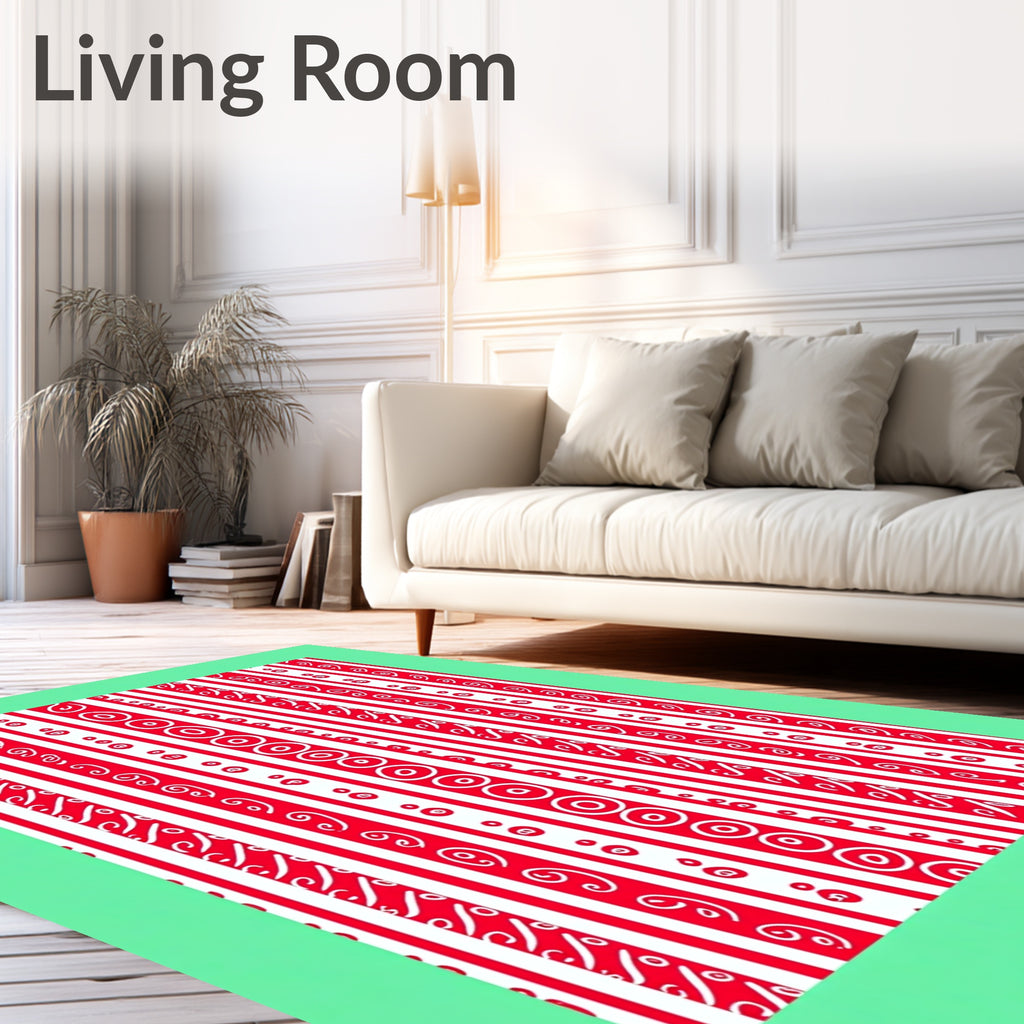 Red White Vertical Stripe Swirl Rug