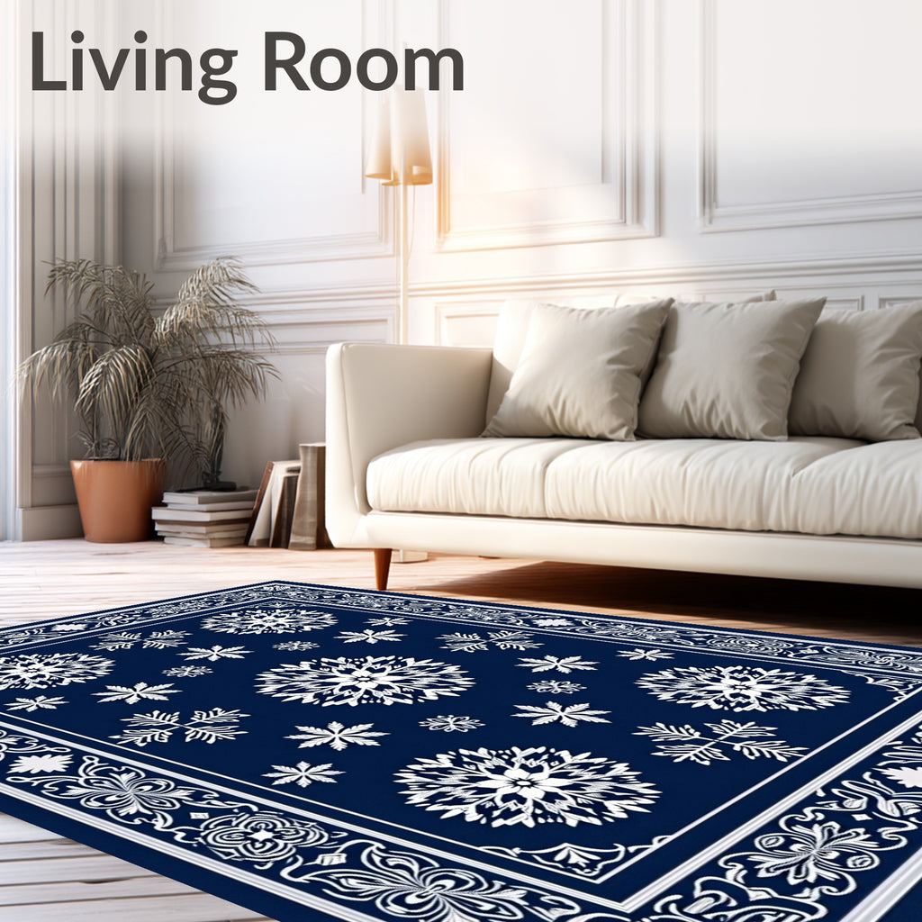 Deep Blue Snowflake Mandala Border Rug