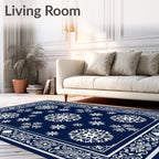 Deep Blue Snowflake Mandala Border Rug