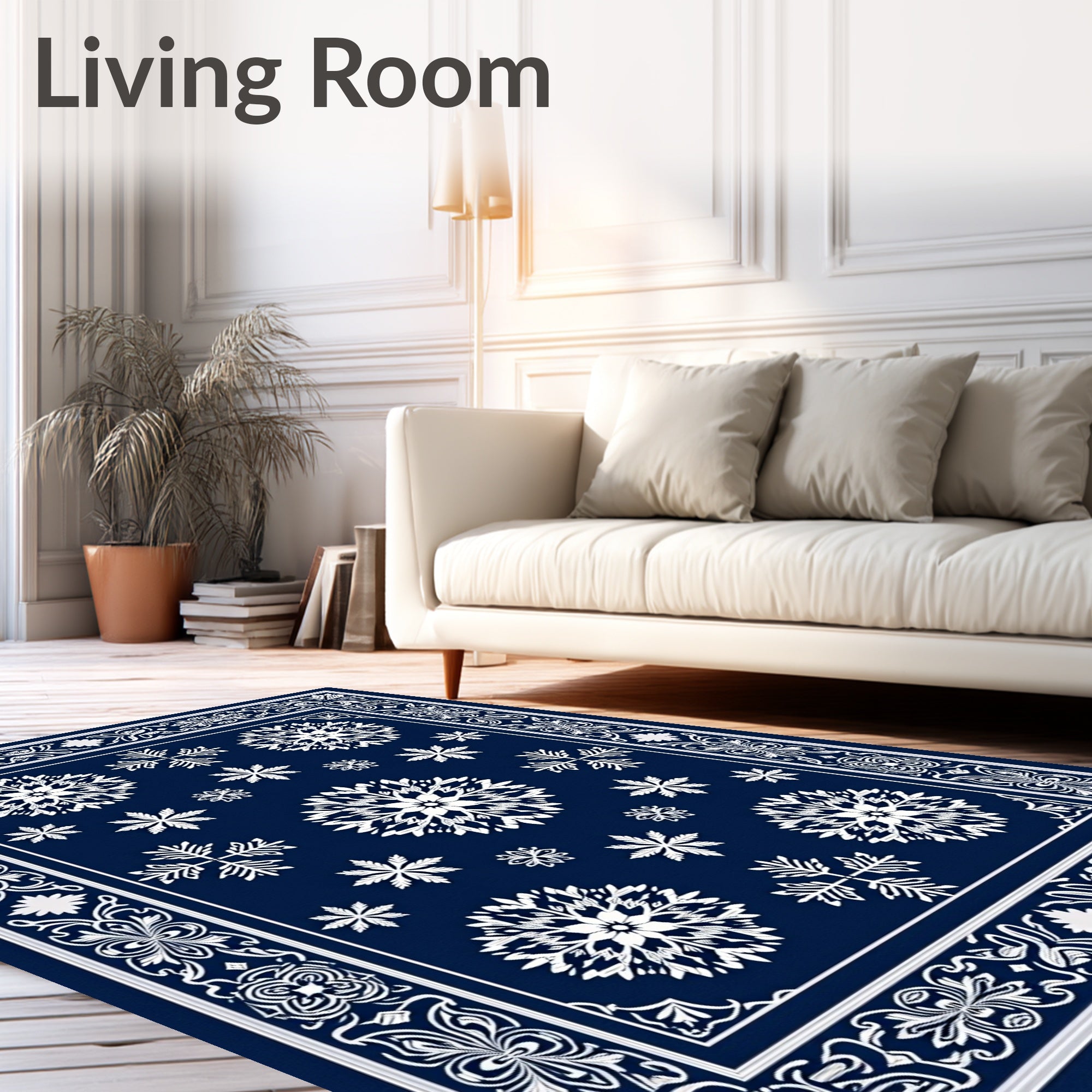 Deep Blue Snowflake Mandala Border Rug