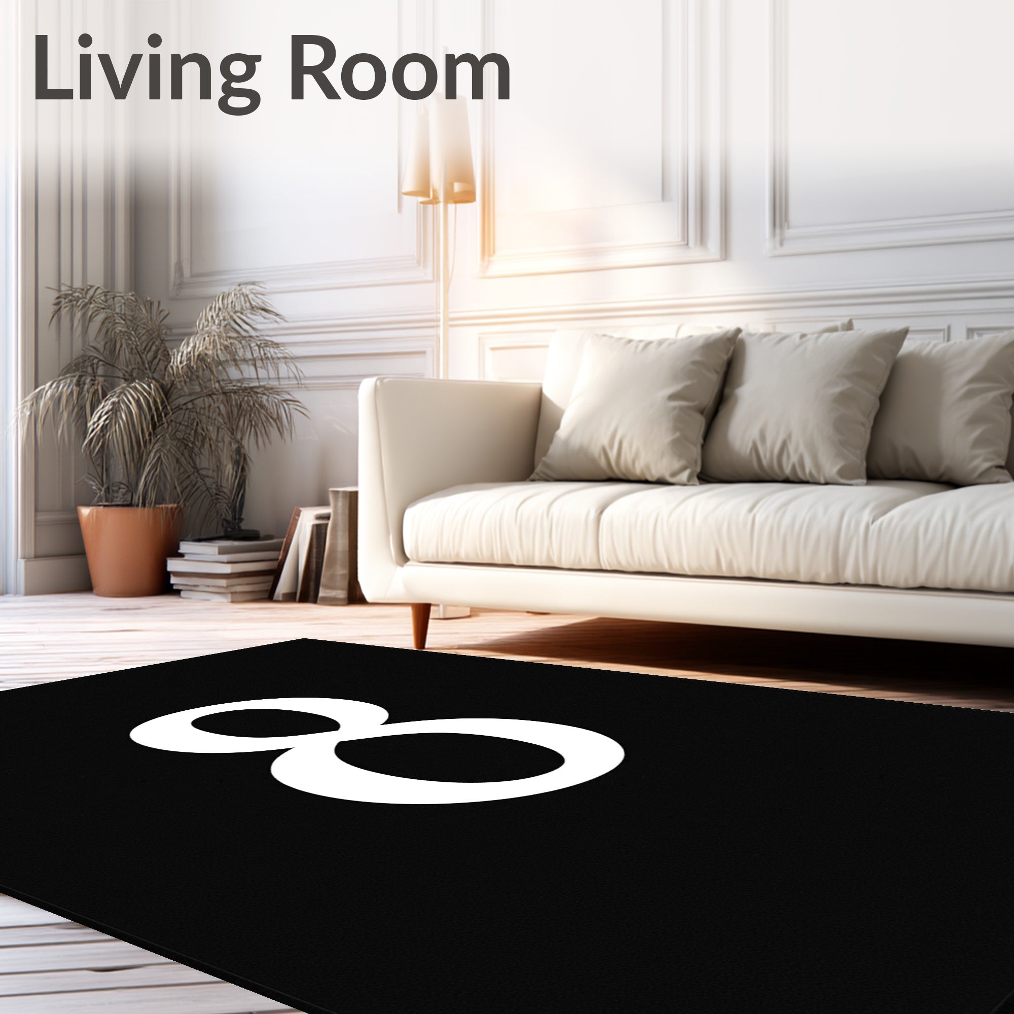 Bold White Number Eight Black Rug
