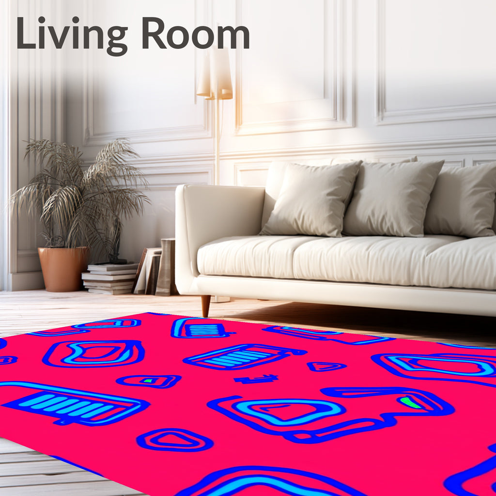 Bold Blue Shapes On Crimson Field Rug