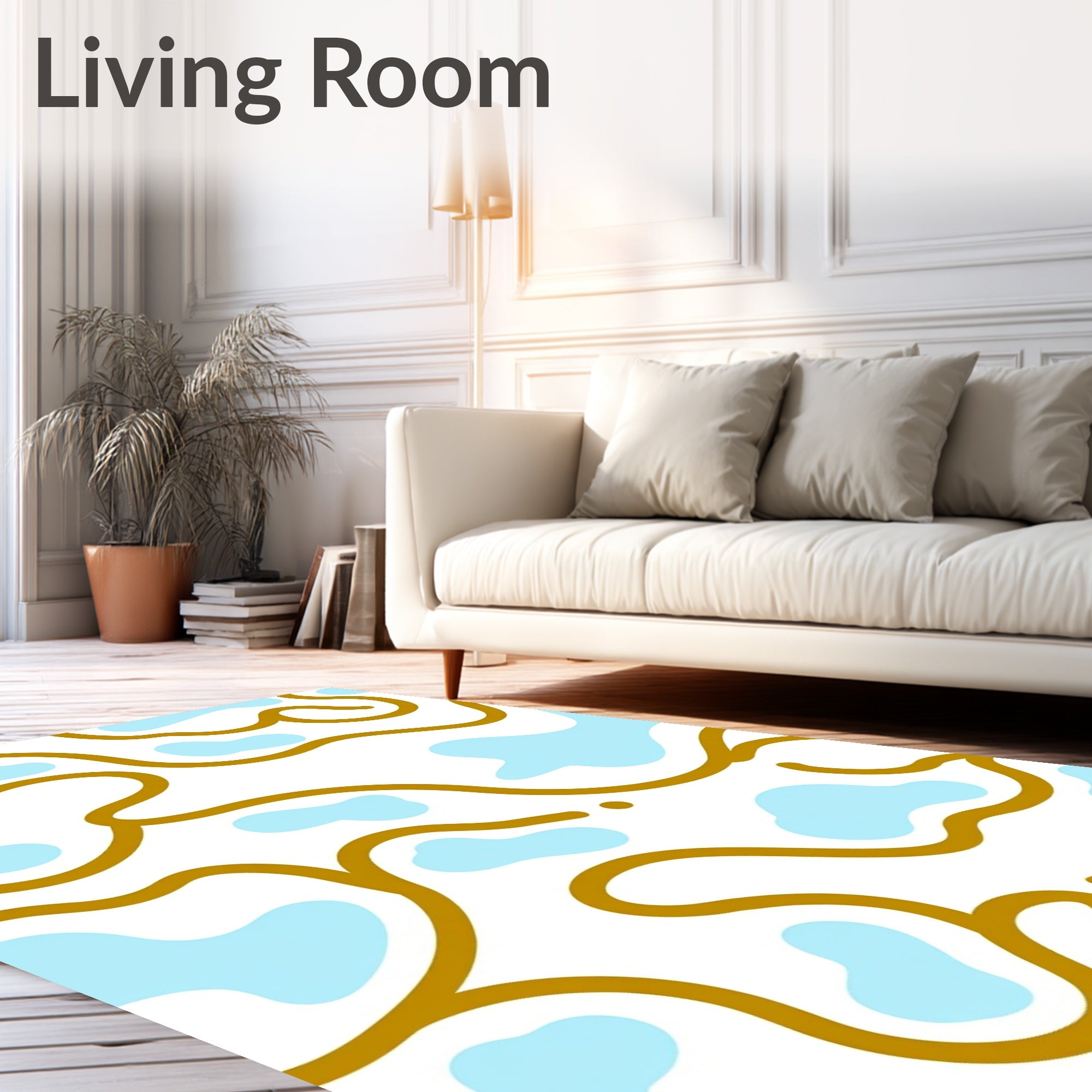 Abstract Gold Curvy Lines Light Blue Shapes Rug