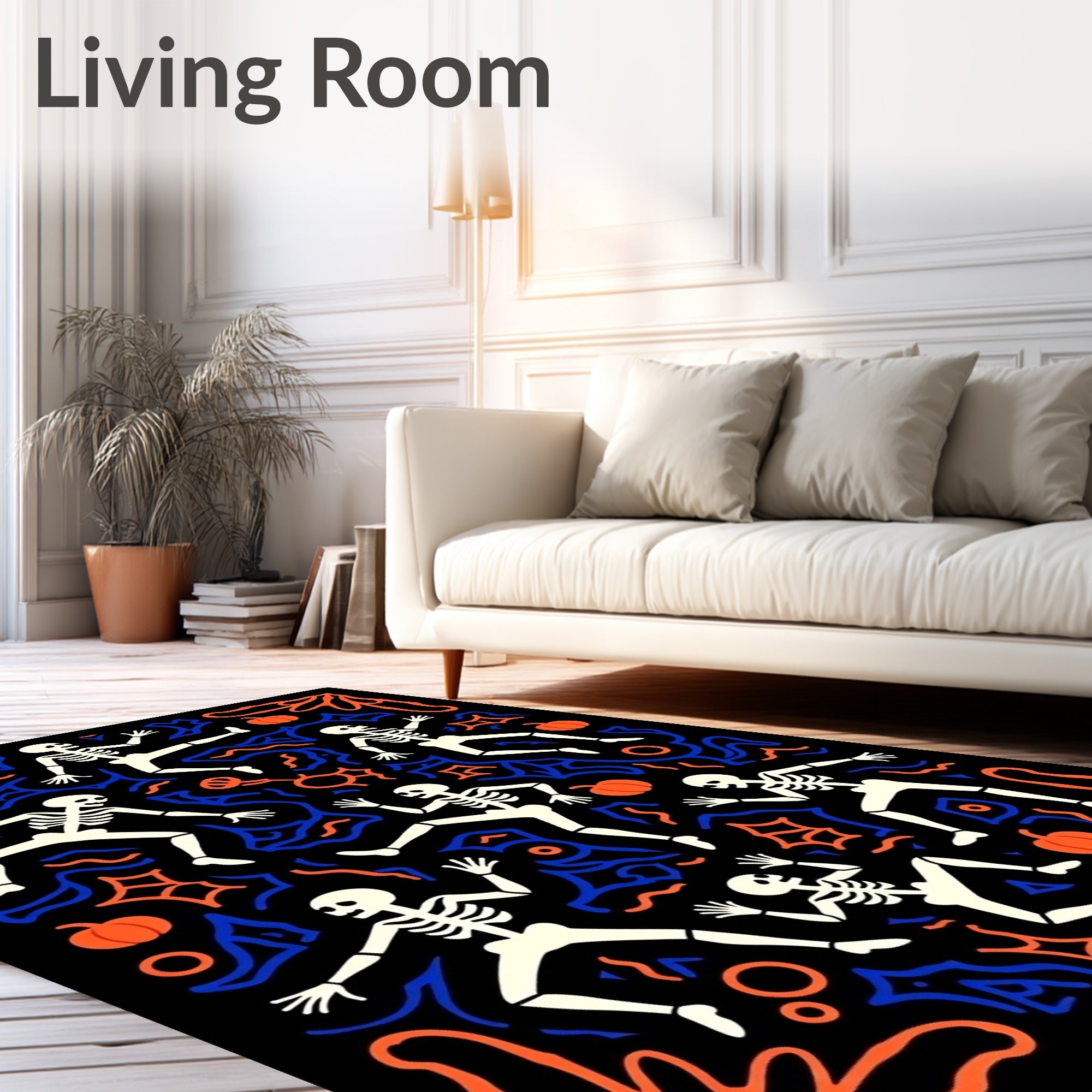 Dancing Skeletons Orange Blue Black Rug
