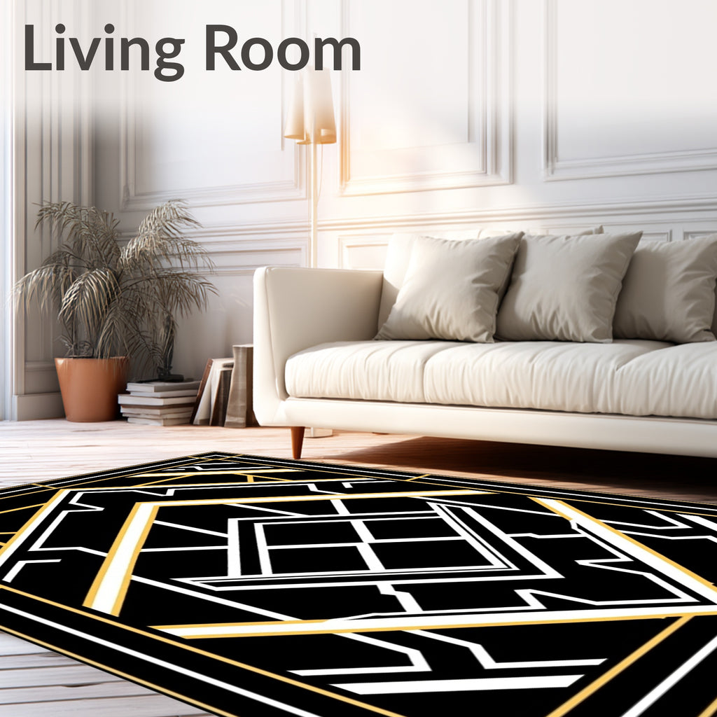 Black Gold White Geometric Deco Rug