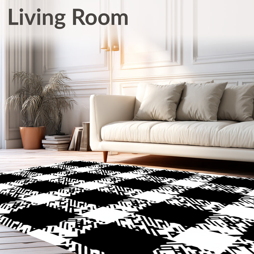 Black and White Glitched Plaid Checks Rug