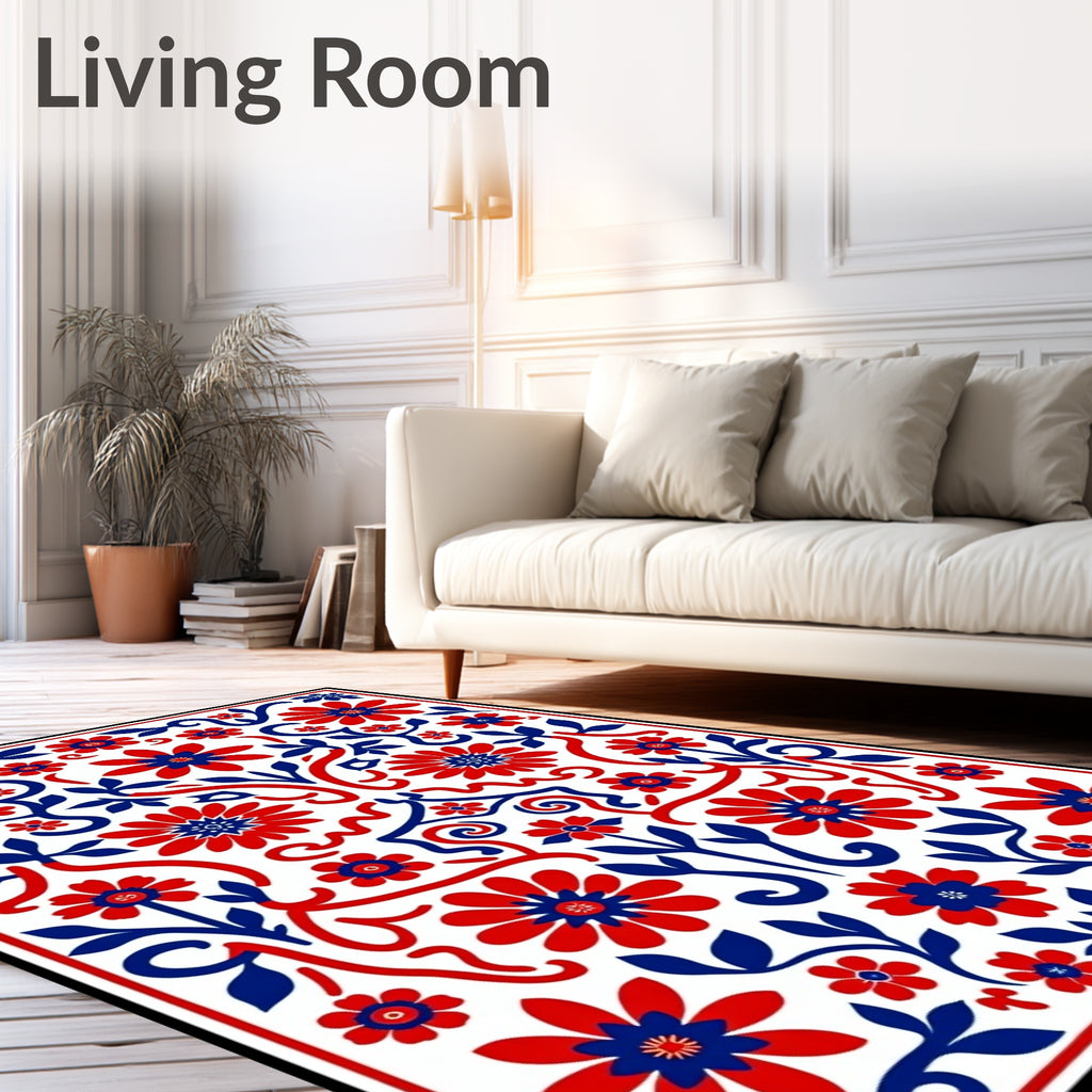Red and Blue Floral Swirl Repeating Pattern Rug