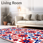 Red and Blue Floral Swirl Repeating Pattern Rug