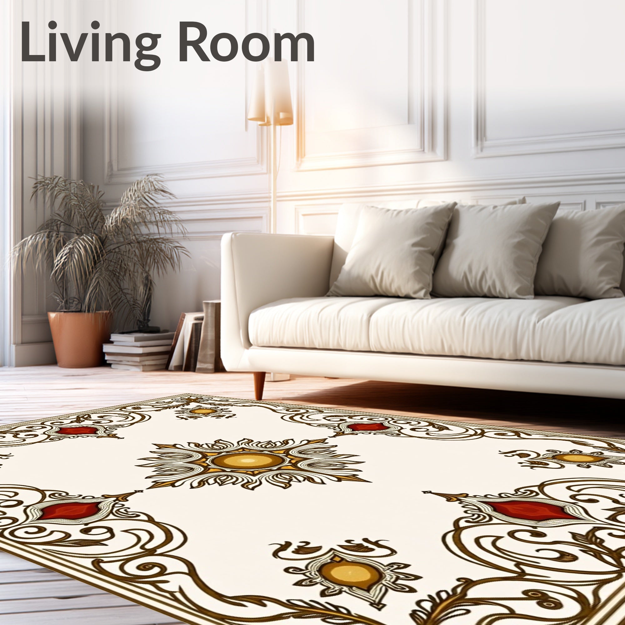 Ornate Burgundy and Gold Scrollwork Rug