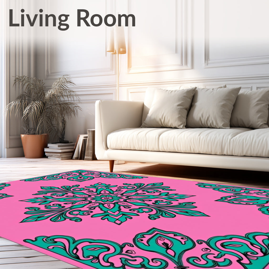 Pink Teal Floral Medallion Corners Rug