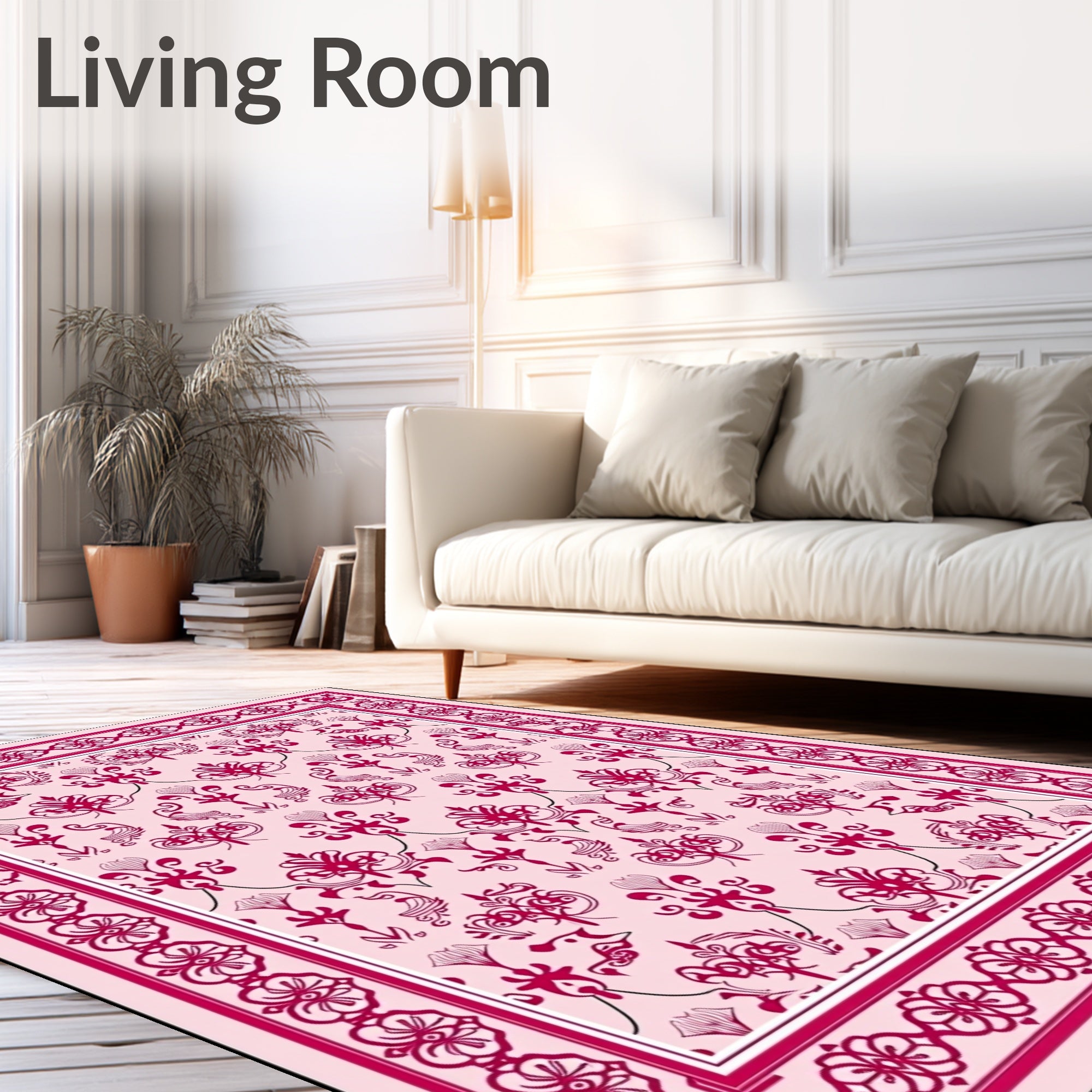 Crimson Floral Damask Border Rug