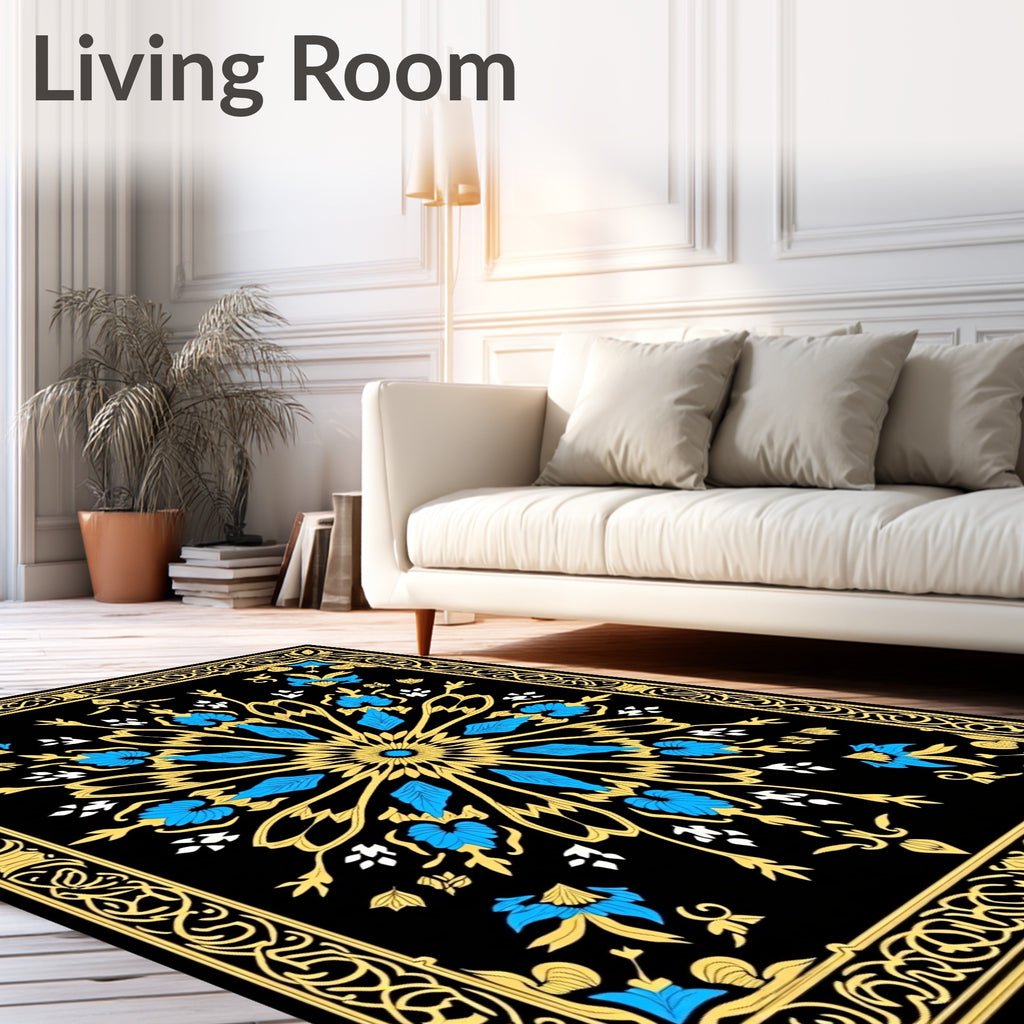Ornate Blue Yellow Floral Frame Rug
