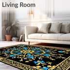 Ornate Blue Yellow Floral Frame Rug