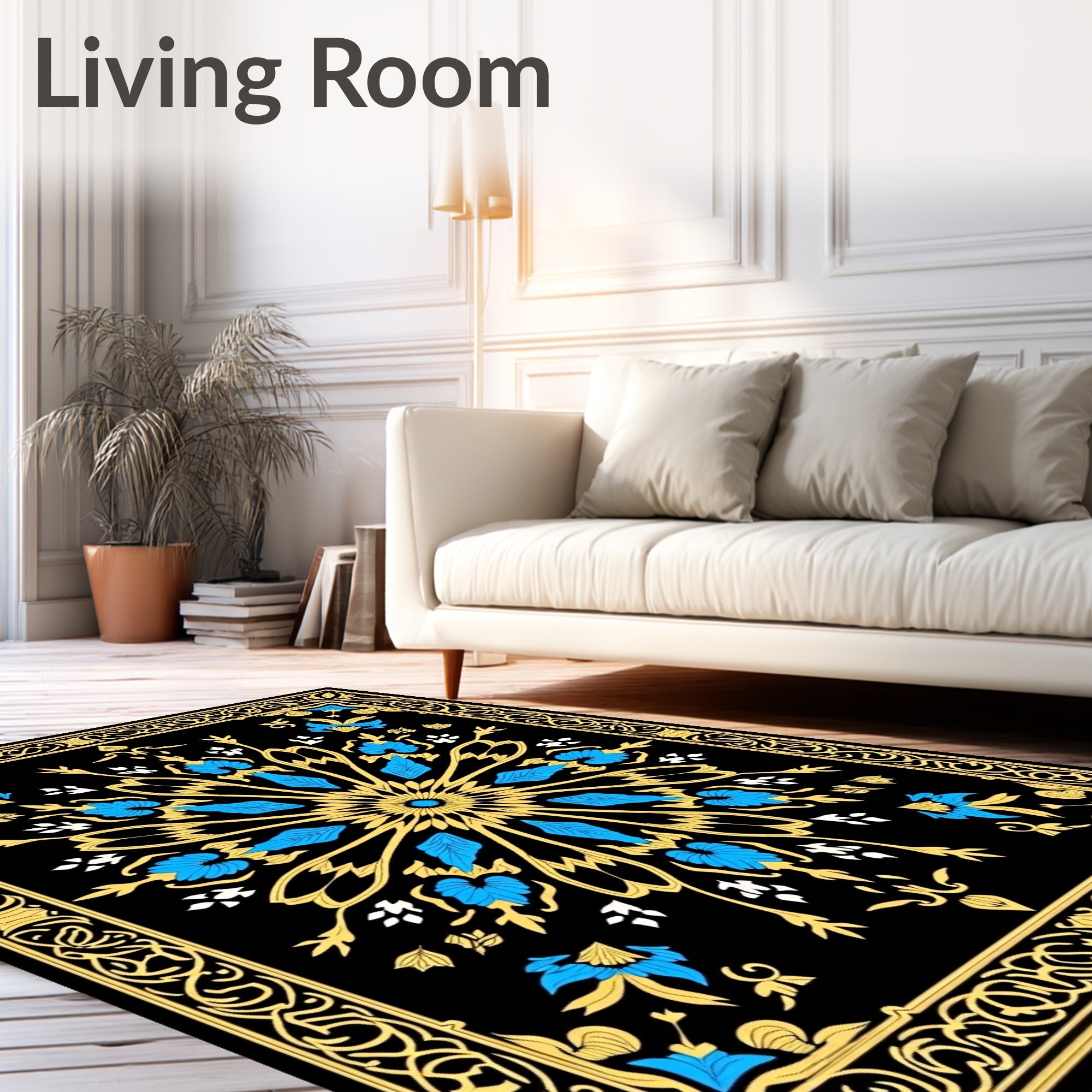 Ornate Blue Yellow Floral Frame Rug