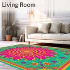 Vibrant Teal Pink Mandala Burst Rug
