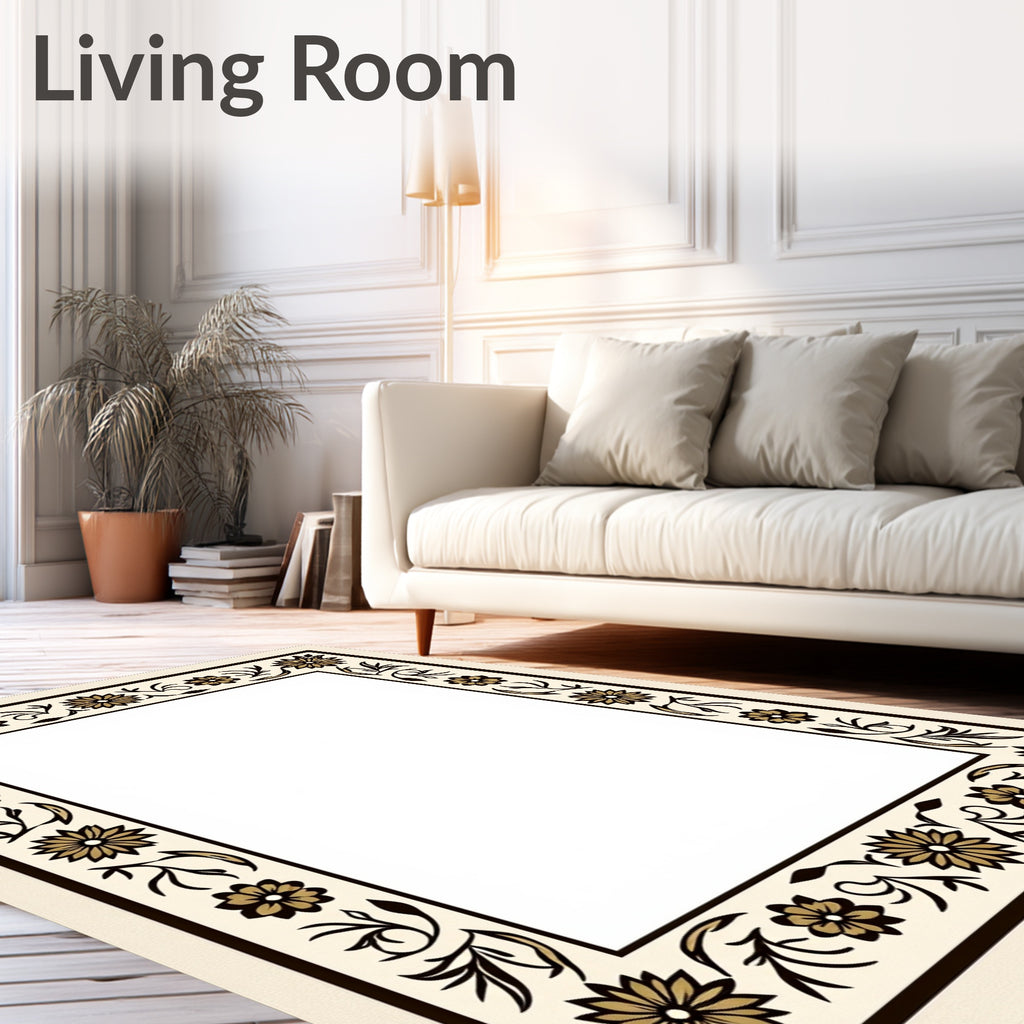 Cream Black Floral Vine Border Rug