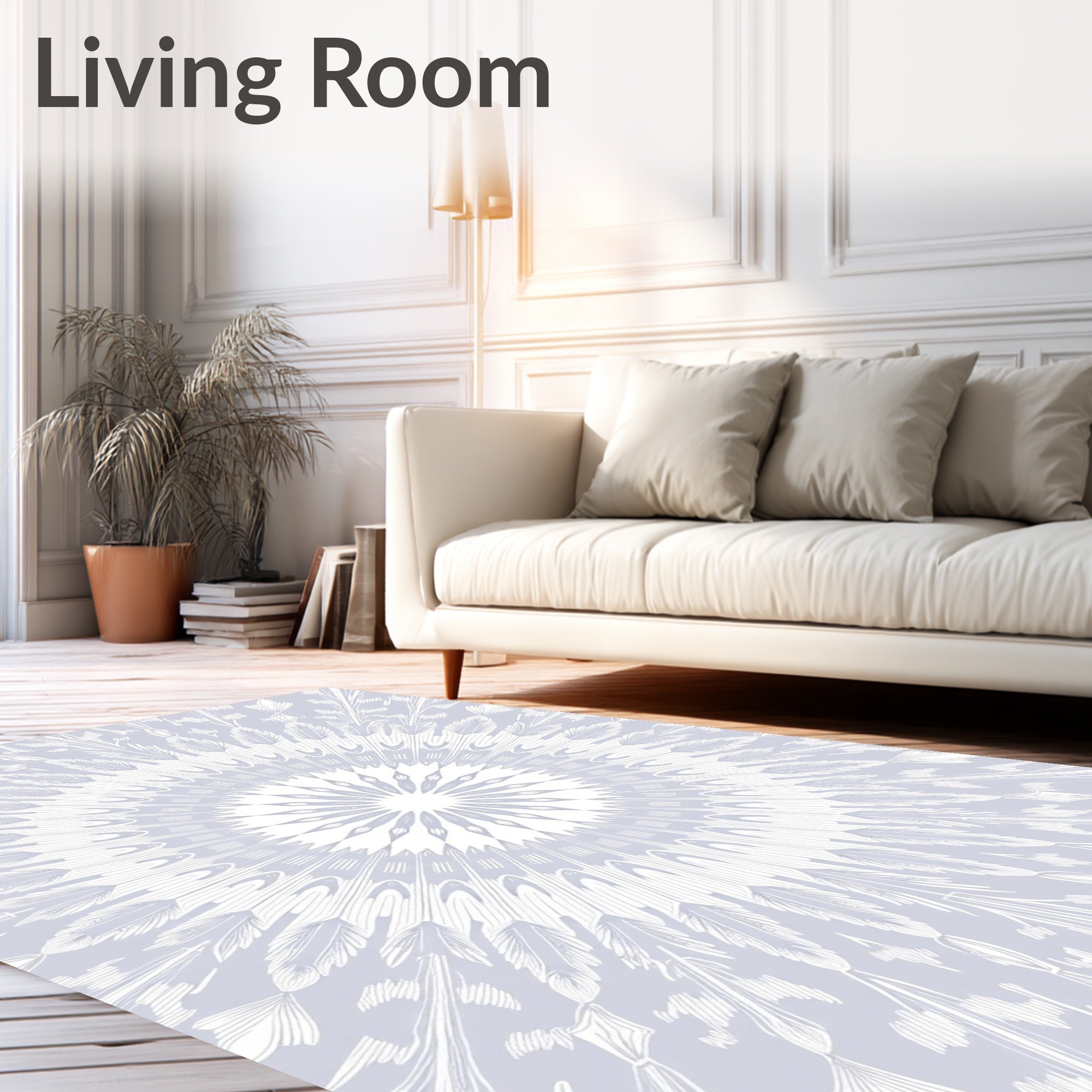 Light Blue Feathered Sunburst Mandala Rug