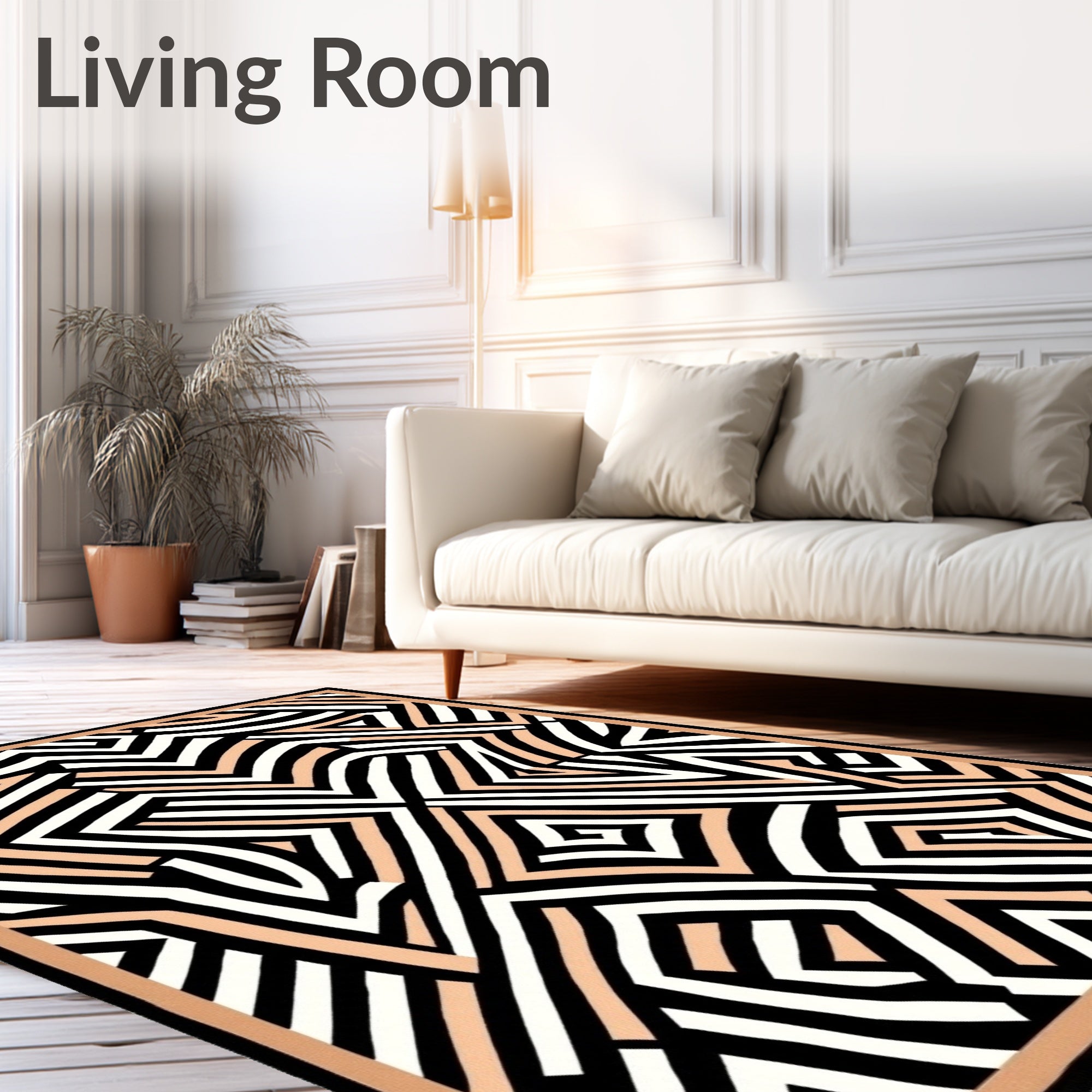 Geometric Peach Black White Abstract Form Rug