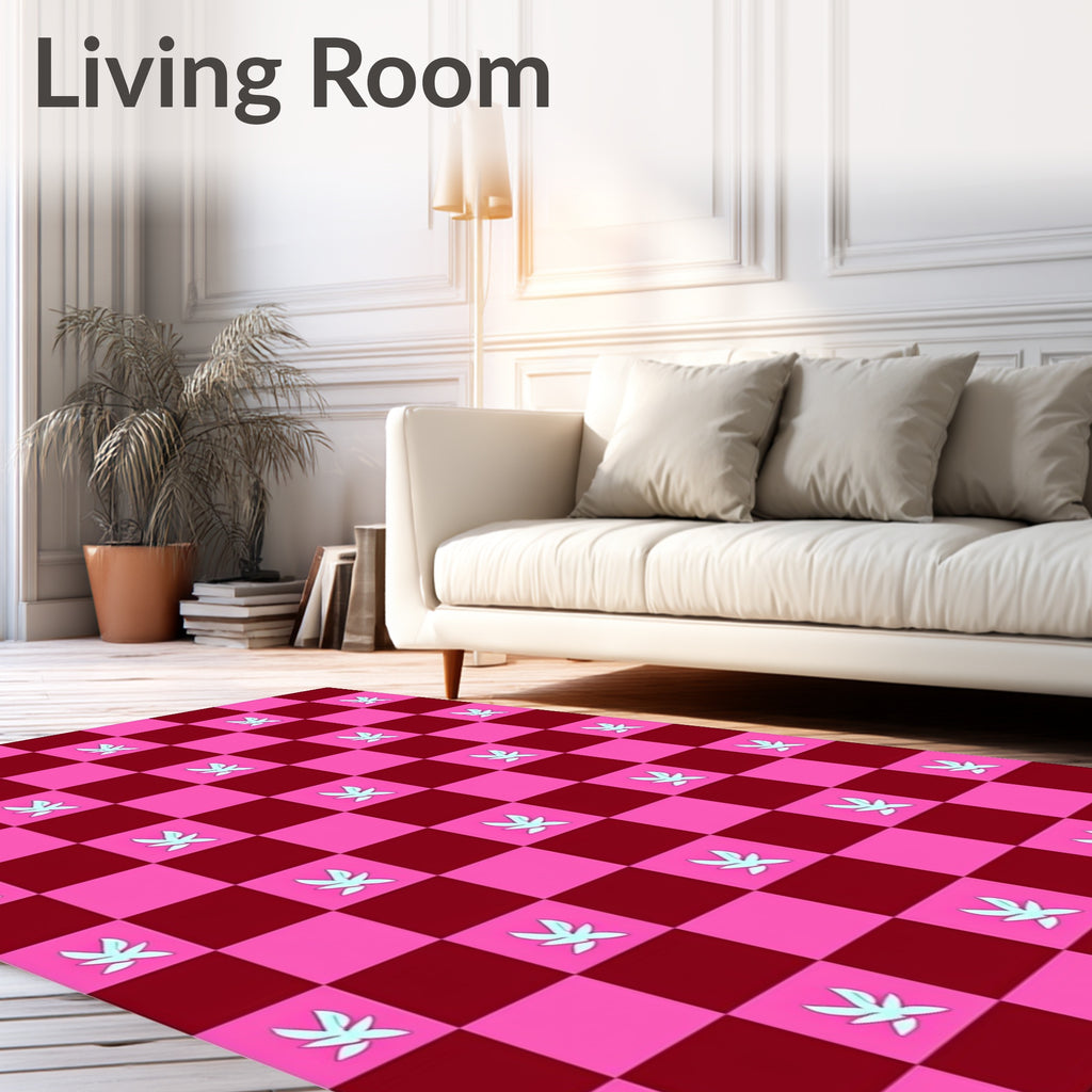 Pink Maroon Checkerboard Light Leaf Rug
