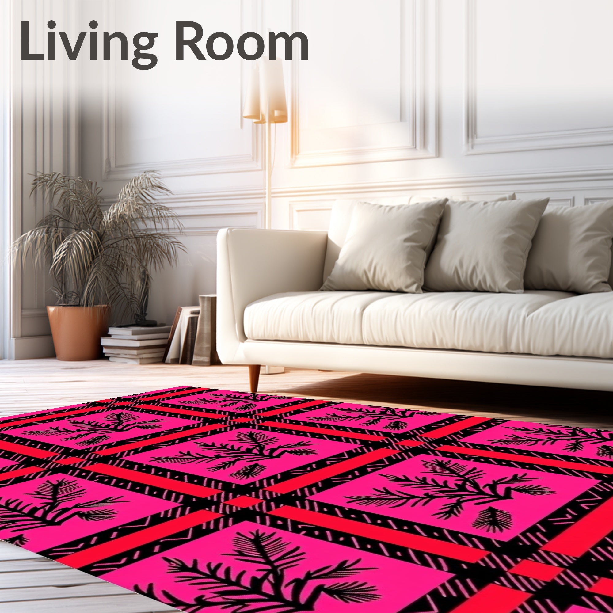 Vibrant Pink Black Floral Plaid Rug