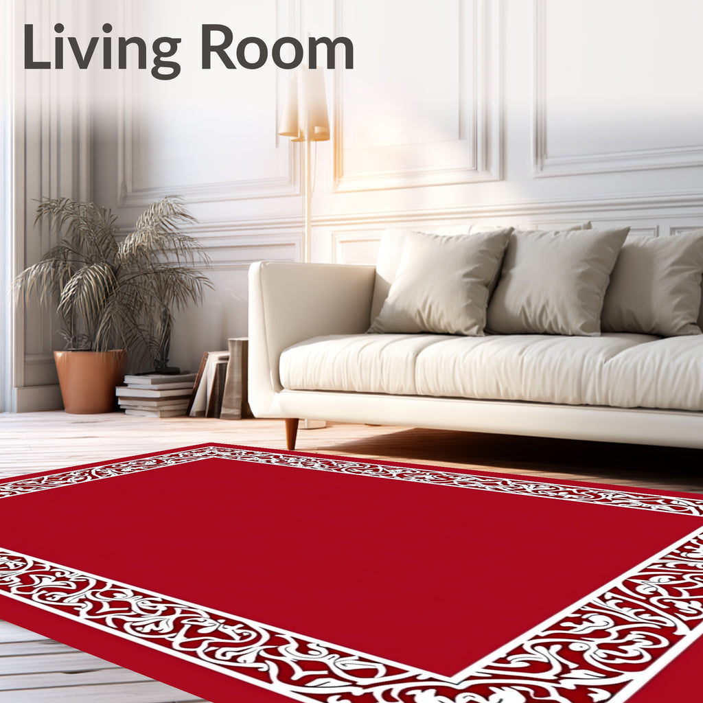 Crimson White Filigree Scrollwork Border Rug