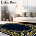 Ornate Gold Dark Blue Floral Border Rug