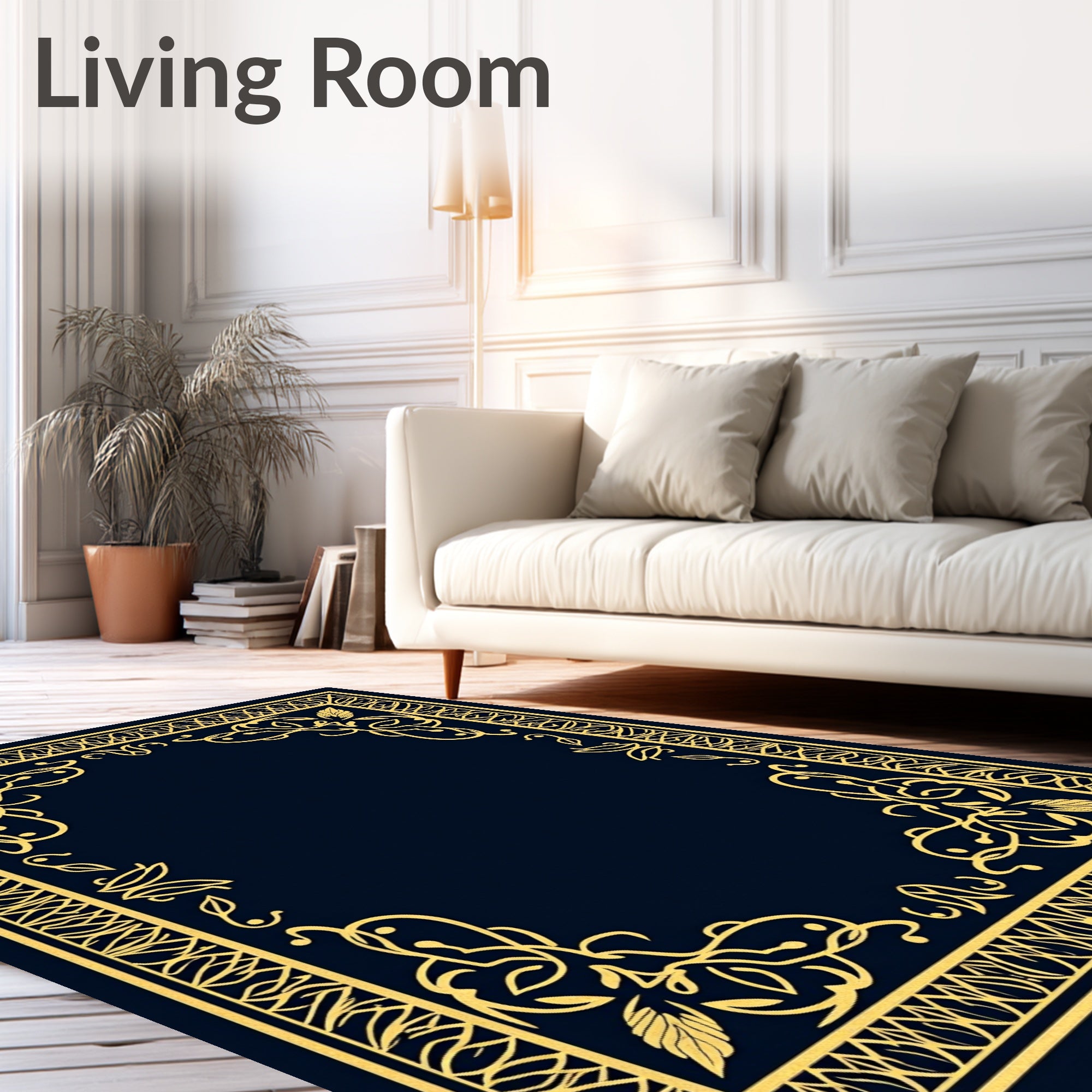Ornate Gold Dark Blue Floral Border Rug
