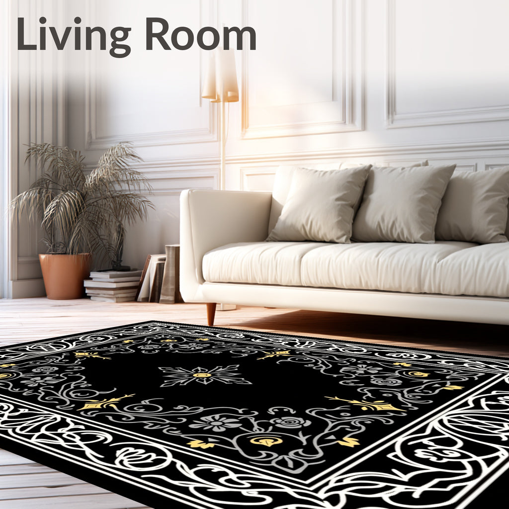 Ornate Black Floral Vine Border Rug