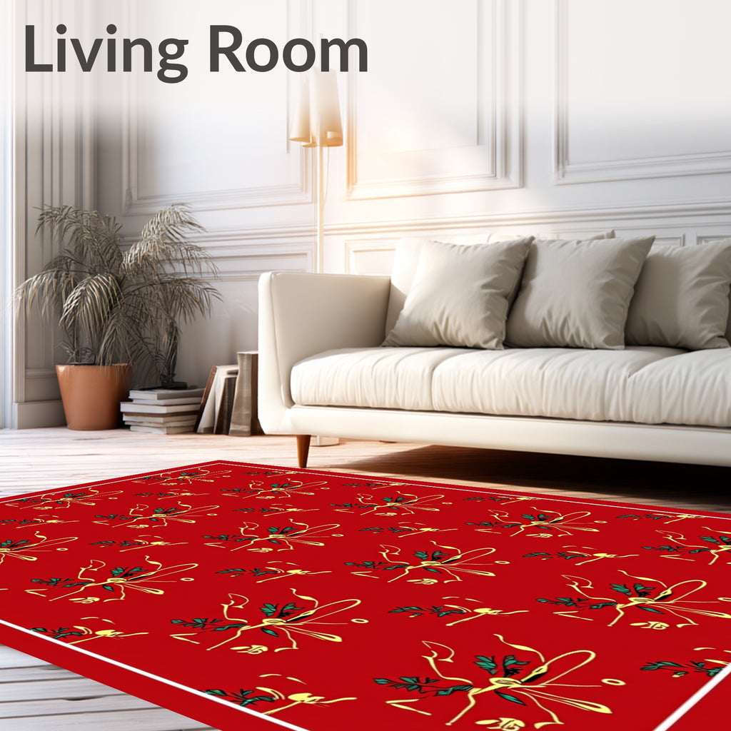Festive Red Ribbon Green Leaf Garland Rug
