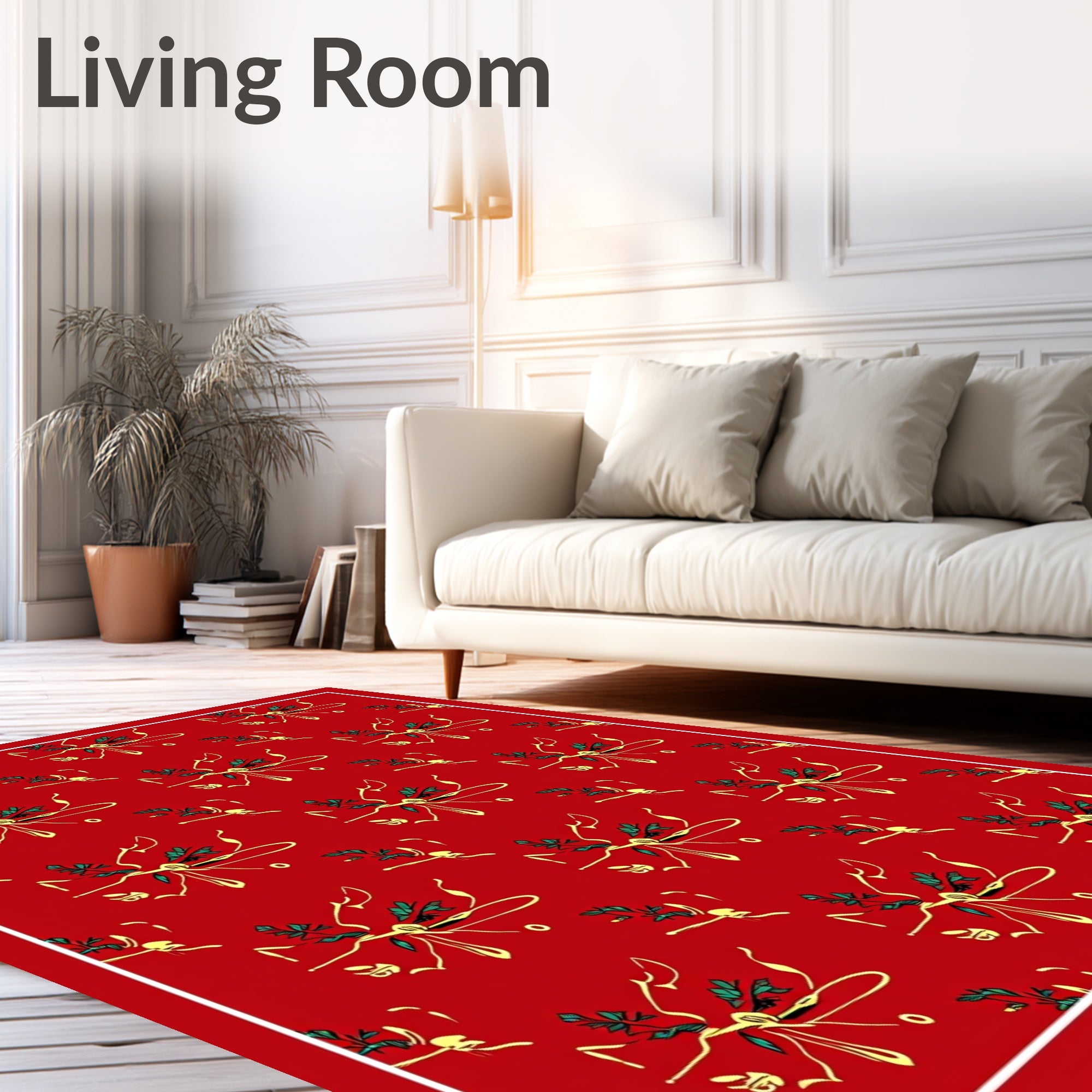Festive Red Ribbon Green Leaf Garland Rug