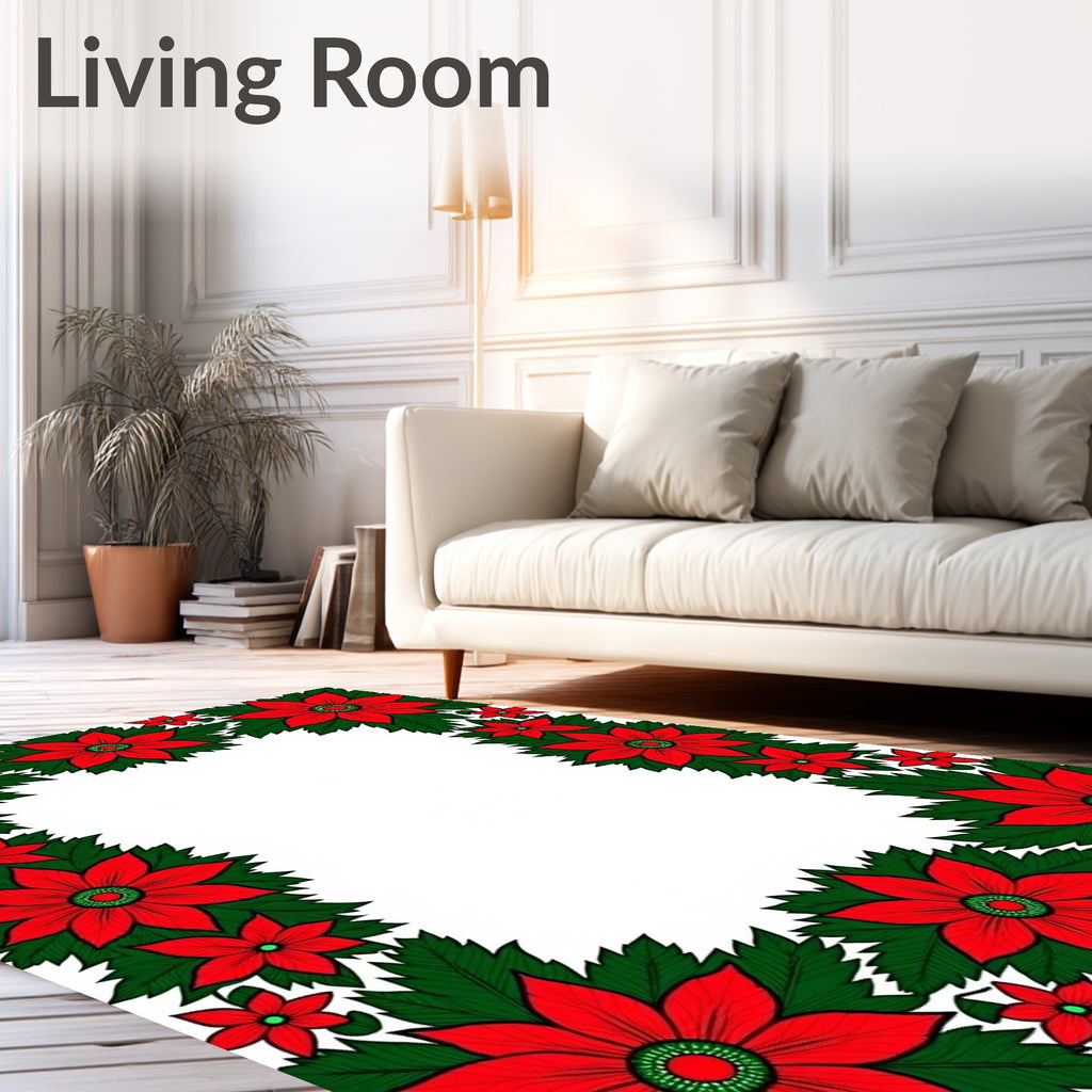 Vibrant Red Poinsettia Floral Border Rug