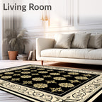 Elegant Black Gold Bloom Scroll Rug