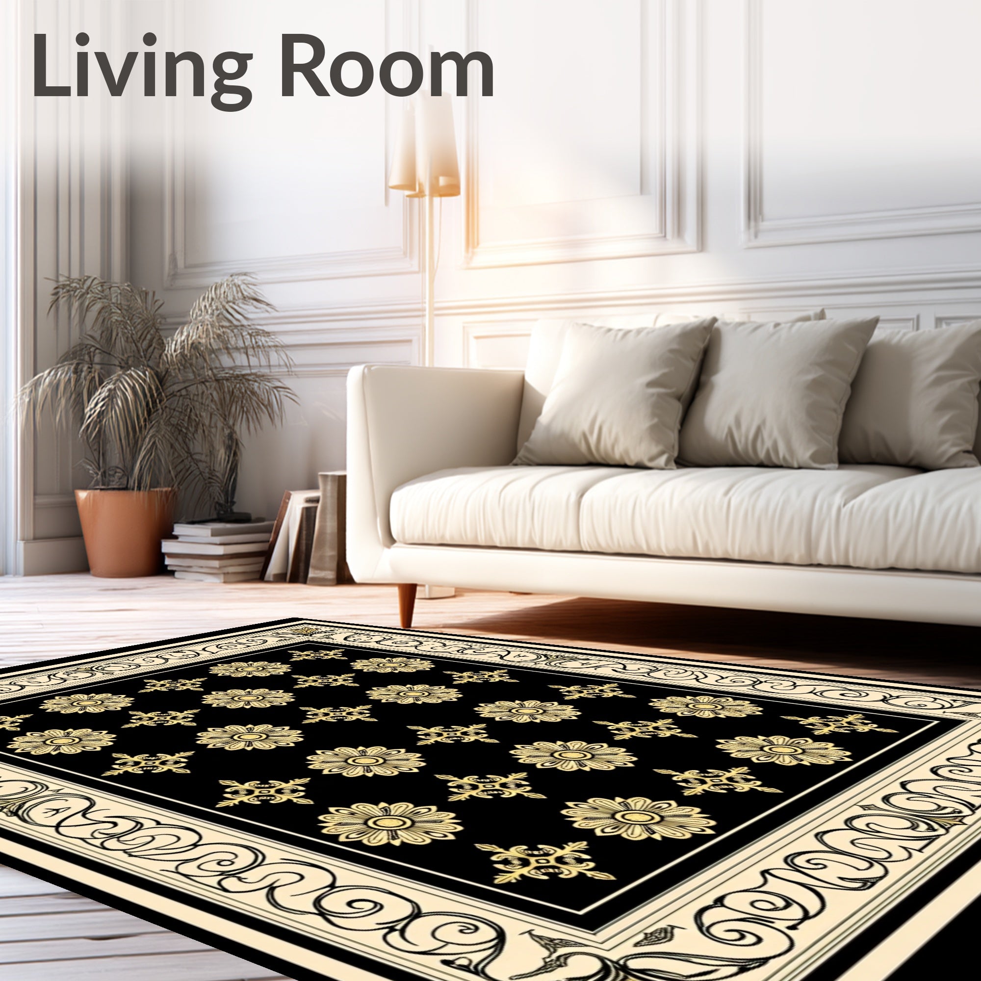 Elegant Black Gold Bloom Scroll Rug