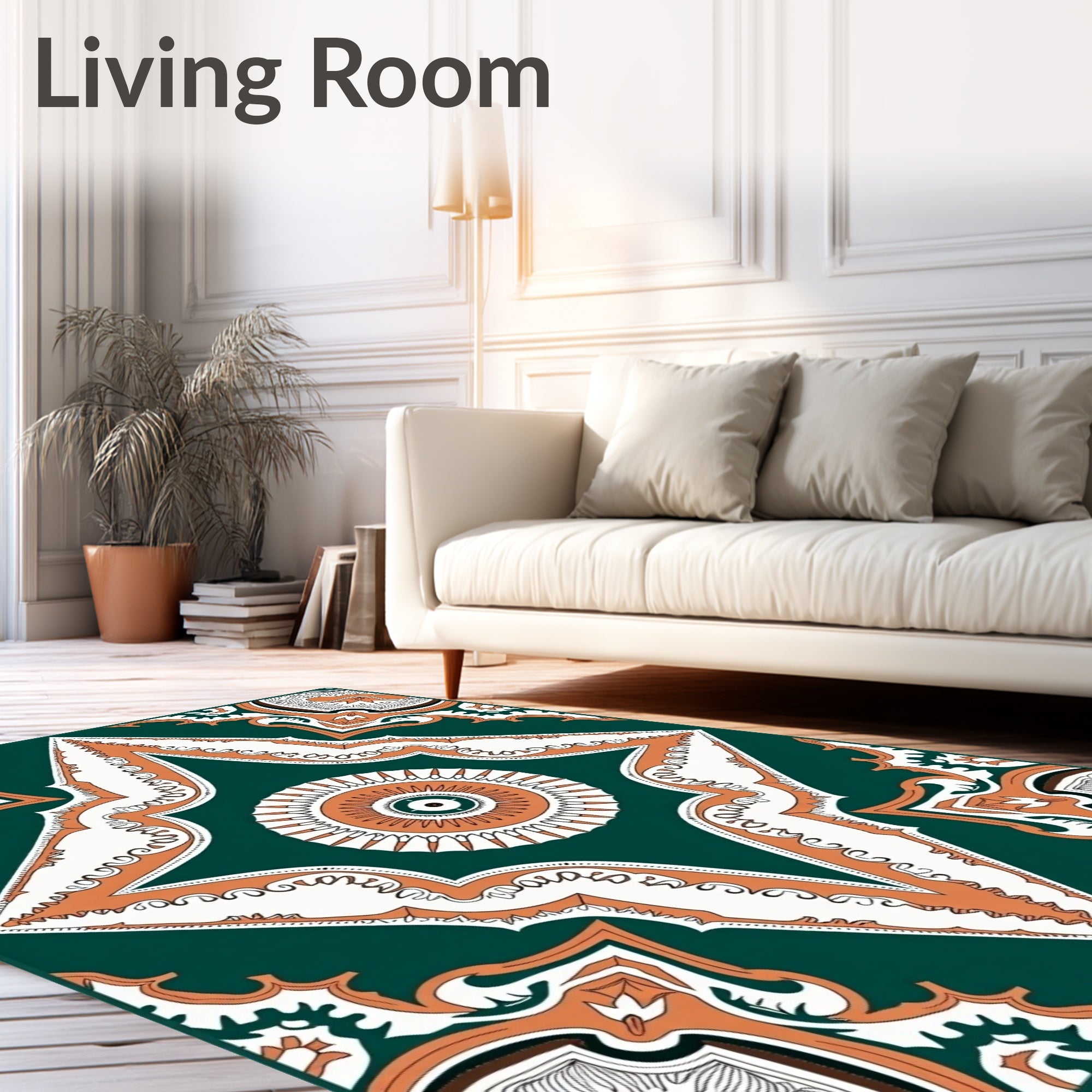 Emerald White Orange Geometric Medallion Rug