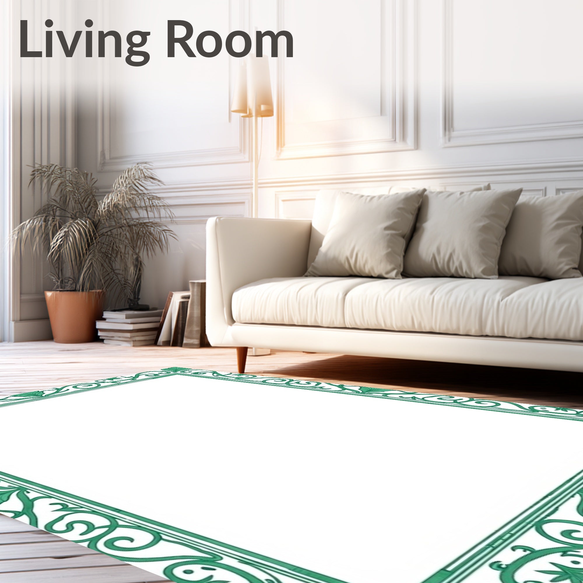 Emerald Green Floral Scroll Border Rug