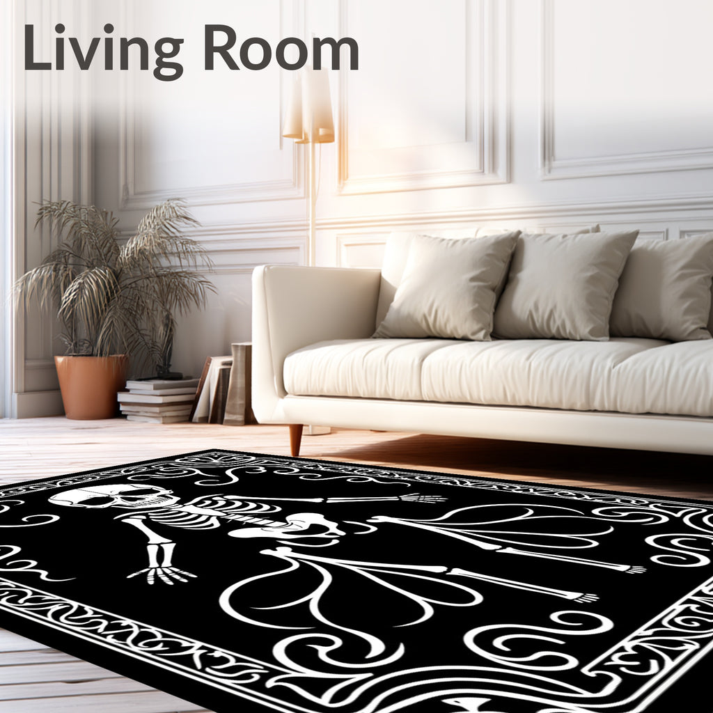 Ornate Black White Skeleton Border Rug