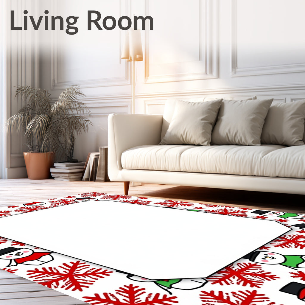 Whimsical Snowman Red Snowflake Border Rug