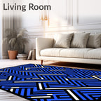 Vibrant Blue Black White Interlocking Lines Rug